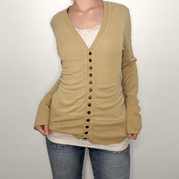 Y2k tan vneck sweater cardigan - Picture 2 of 7